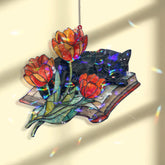Black Cat with Tulips Acrylic Suncatcher, Stained Glass Style Floral Book Window Hanging, Cozy Spring Nature Lover Home Decor Gift